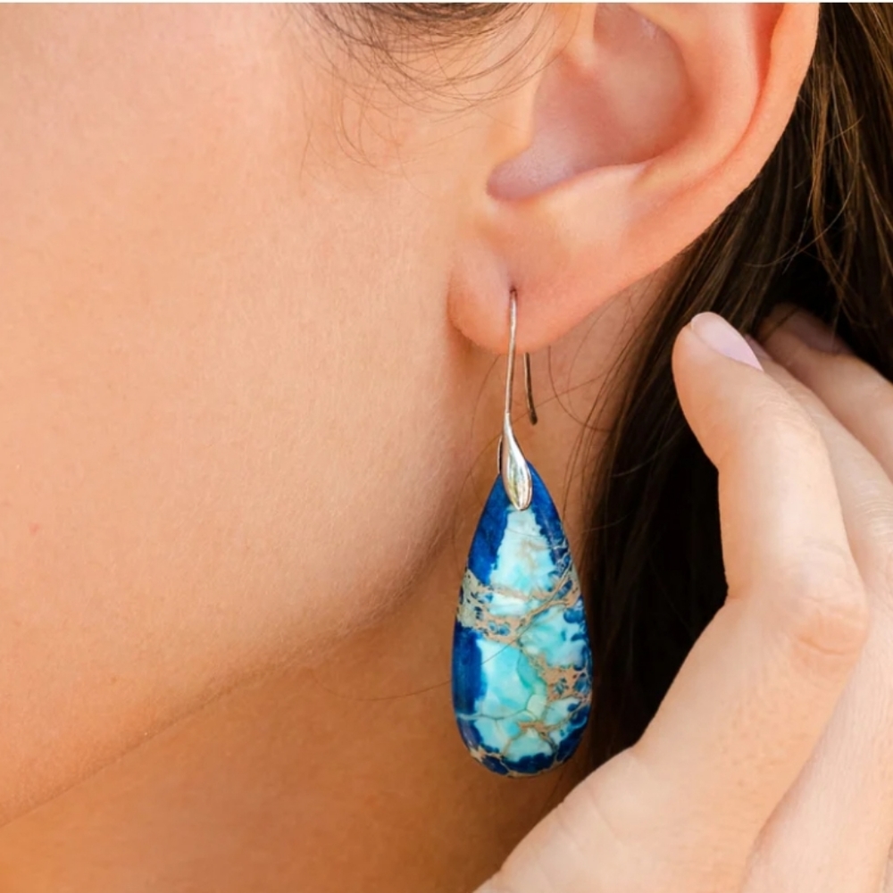 Beautiful Natural Stone ( Jasper )Drop Earrings With 925 Silver Plated Ear Hook. - Picture 2 of 5